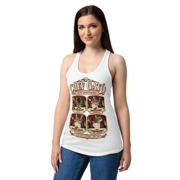 Camiseta de gatos para mujer Chef Gató en color blanco, sobre modelo