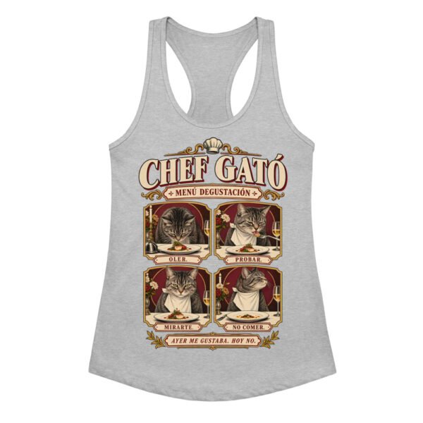 Camiseta de gatos para mujer Chef Gató en color gris jaspeado, vista plana