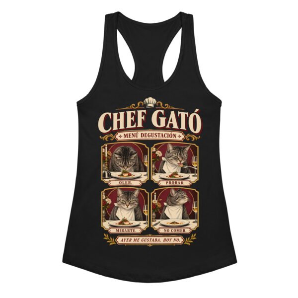 Camiseta de gatos para mujer Chef Gató en color negro, vista plana