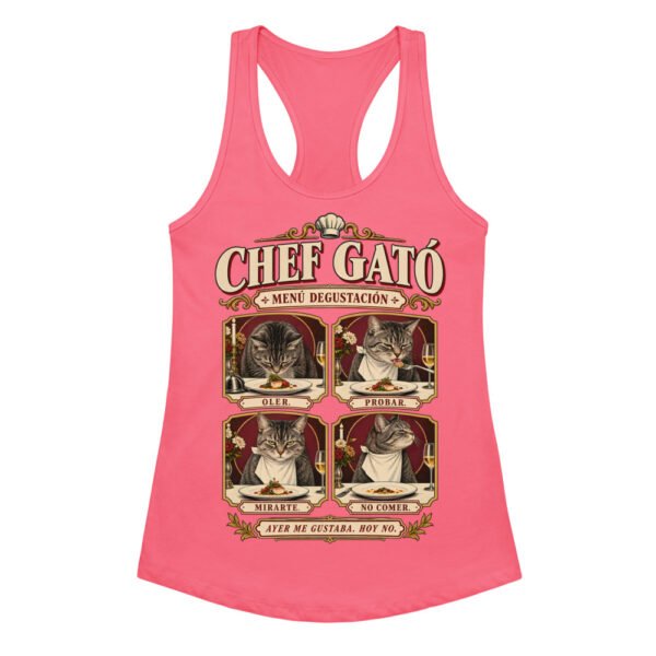 Camiseta de gatos para mujer Chef Gató en color rosa eléctrico, vista plana