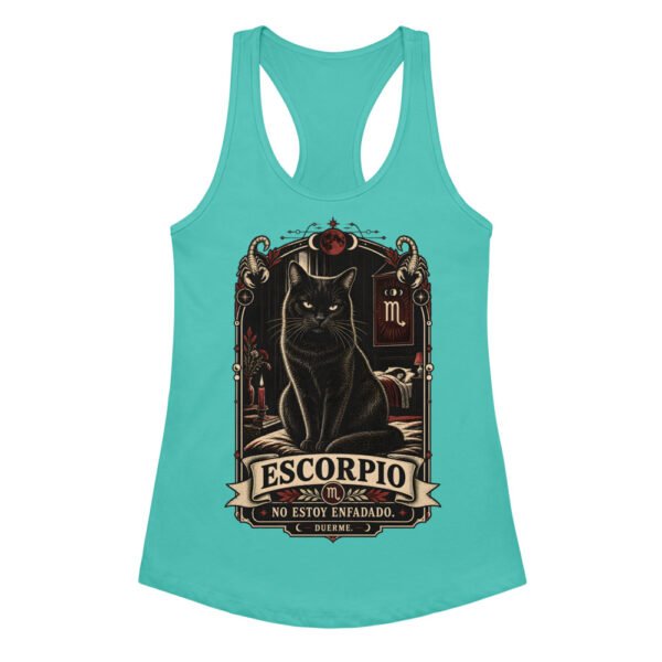 Camiseta de gatos para mujer Escorpio en color azul tahití, vista plana