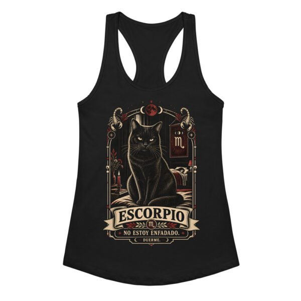 Camiseta de gatos para mujer Escorpio en color negro, vista plana