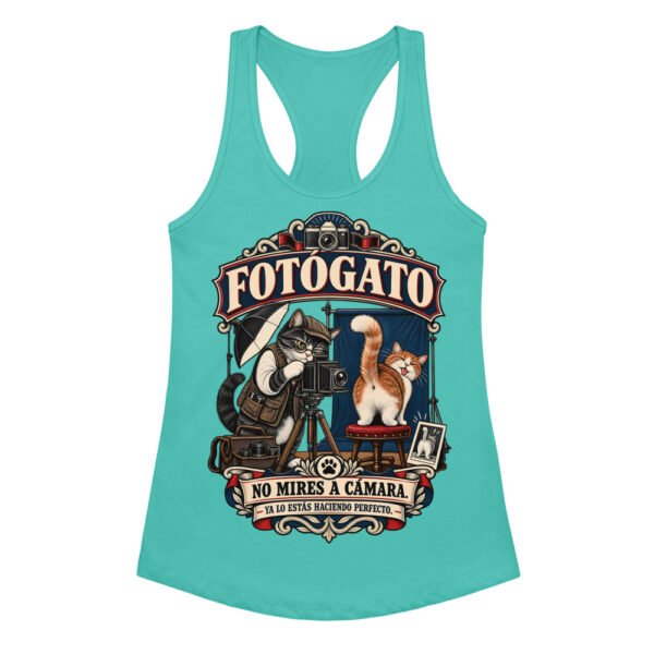 Camiseta de gatos para mujer Fotógato en color azul tahití, vista plana