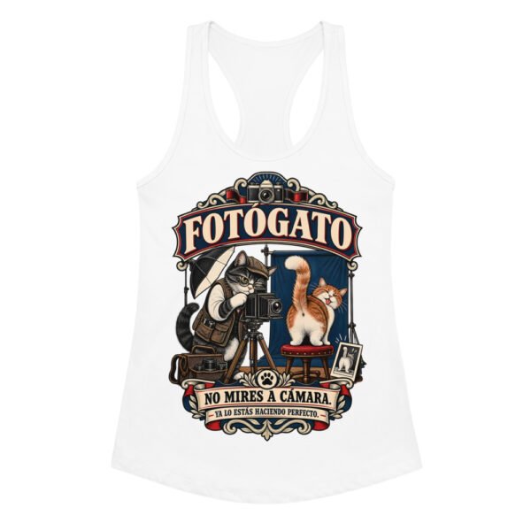 Camiseta de gatos para mujer Fotógato en color blanco, vista plana