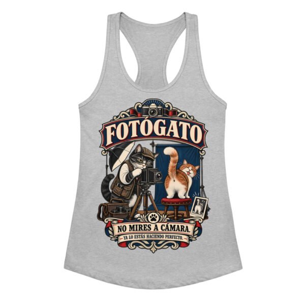 Camiseta de gatos para mujer Fotógato en color gris jaspeado, vista plana