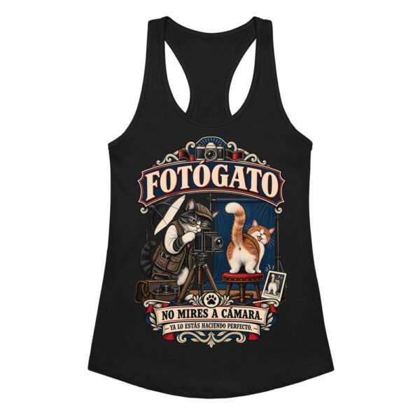 Camiseta de gatos para mujer Fotógato en color negro, vista plana