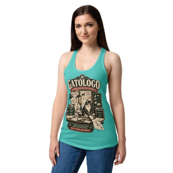 Camiseta de gatos para mujer Gatólogo en color azul tahití, sobre modelo