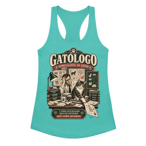 Camiseta de gatos para mujer Gatólogo en color azul tahití, vista plana