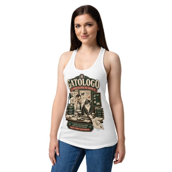 Camiseta de gatos para mujer Gatólogo en color blanco, sobre modelo