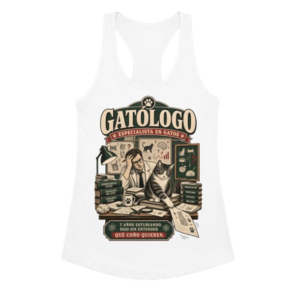 Camiseta de gatos para mujer Gatólogo en color blanco, vista plana