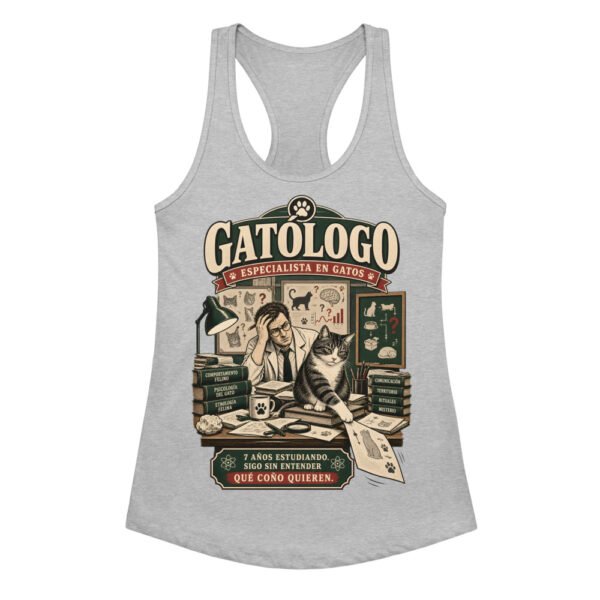 Camiseta de gatos para mujer Gatólogo en color gris jaspeado, vista plana