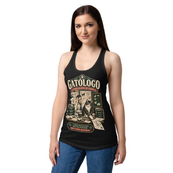 Camiseta de gatos para mujer Gatólogo en color negro, sobre modelo