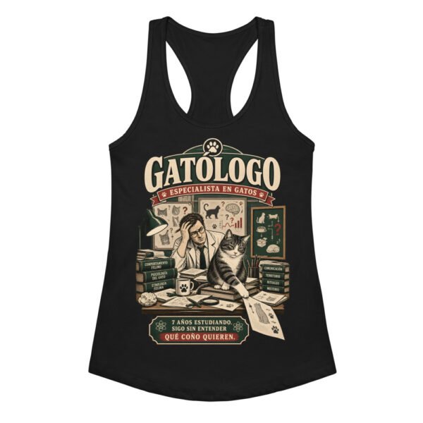 Camiseta de gatos para mujer Gatólogo en color negro, vista plana