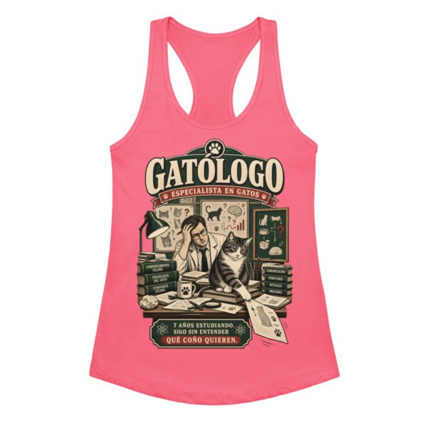 Camiseta de gatos para mujer Gatólogo en color rosa eléctrico, vista plana