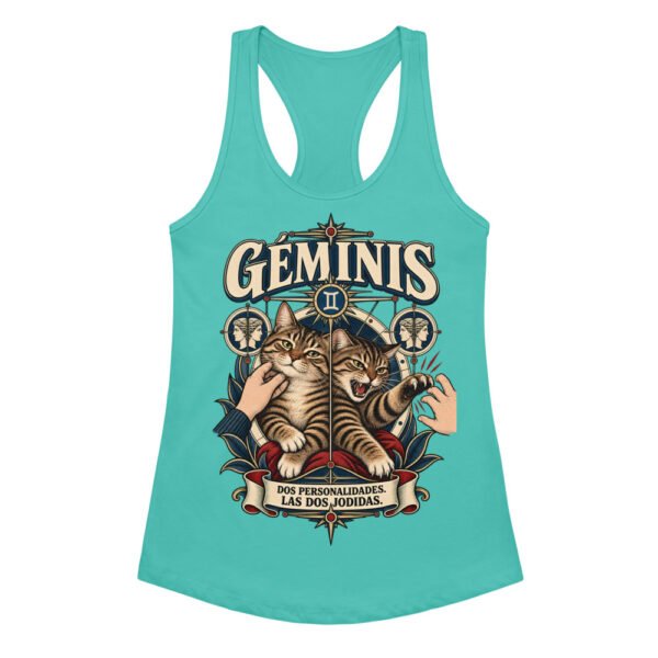 Camiseta de gatos para mujer Géminis en color azul tahití, vista plana