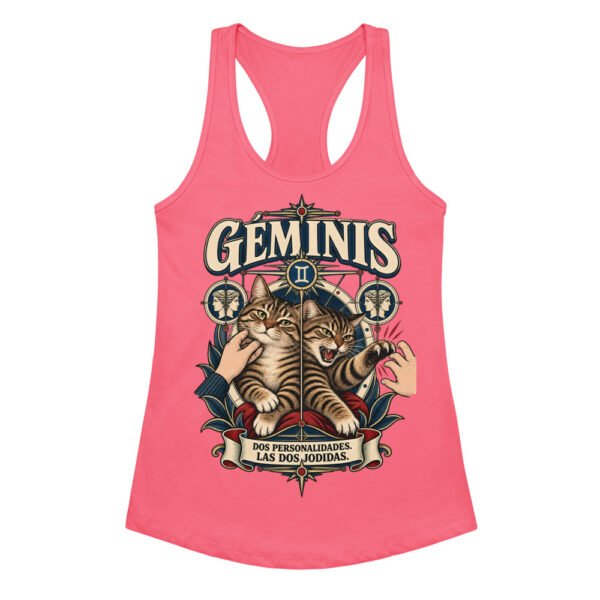 Camiseta de gatos para mujer Géminis en color rosa eléctrico, vista plana