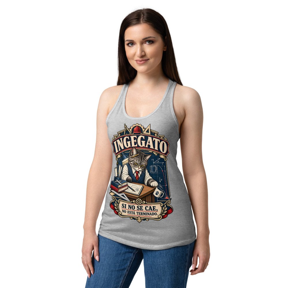 Camiseta de gatos para mujer Ingegato en color gris jaspeado, sobre modelo