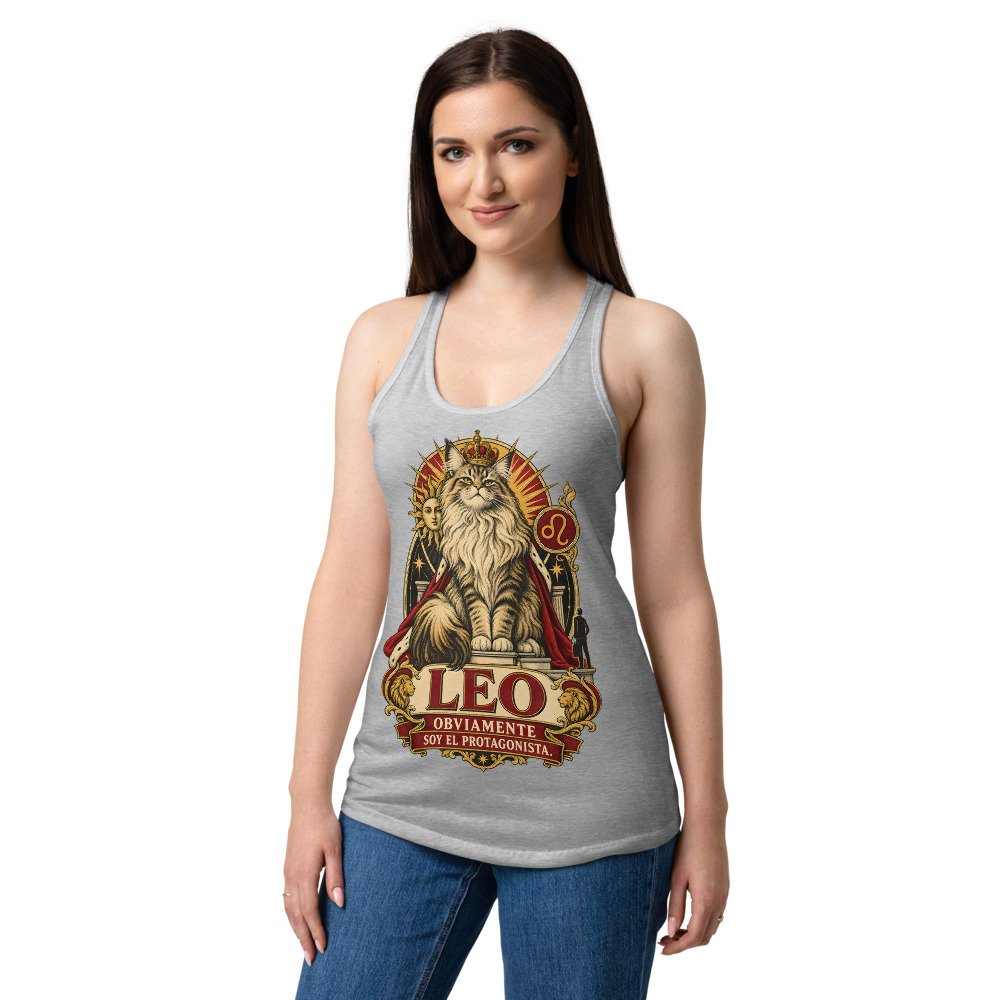 Camiseta de gatos para mujer Leo en color gris jaspeado, sobre modelo