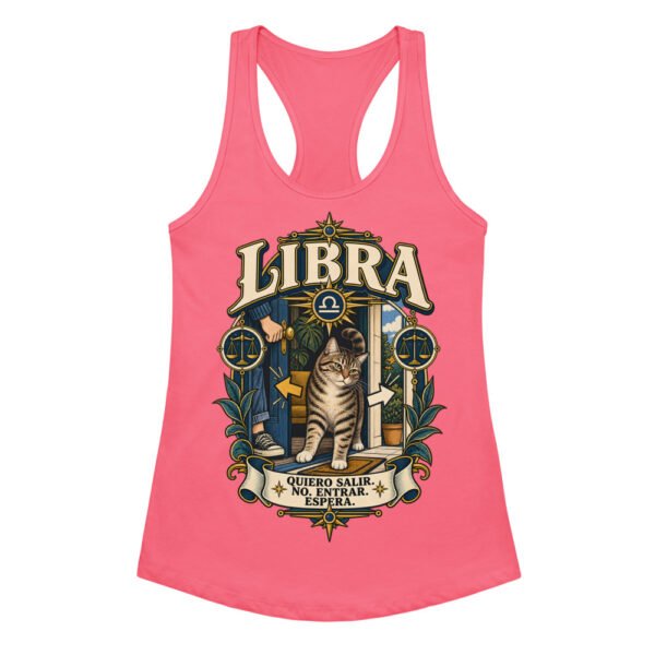 Camiseta de gatos para mujer Libra en color rosa eléctrico, vista plana