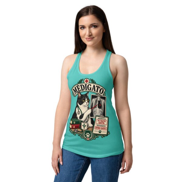 Camiseta de gatos para mujer Médigato en color azul tahití, sobre modelo