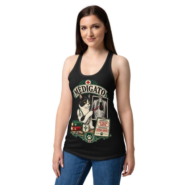 Camiseta de gatos para mujer Médigato en color negro, sobre modelo