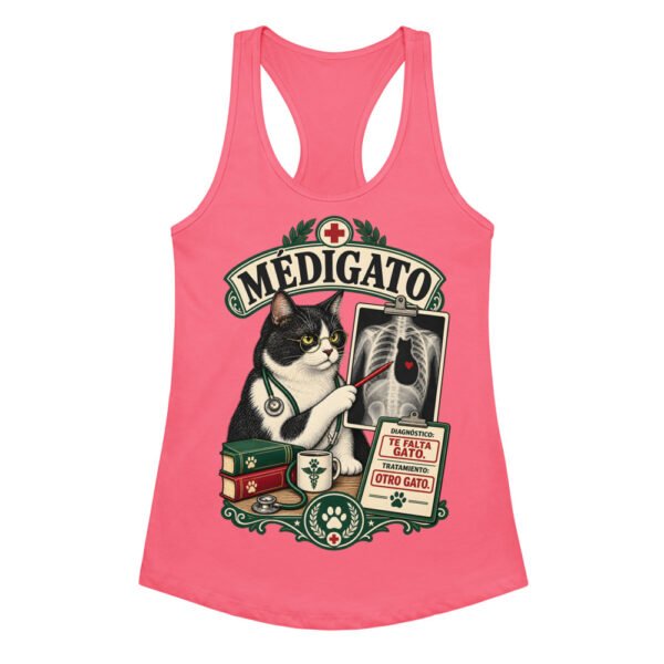 Camiseta de gatos para mujer Médigato en color rosa eléctrico, vista plana