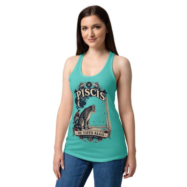Camiseta de gatos para mujer Piscis en color azul tahití, sobre modelo