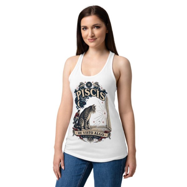 Camiseta de gatos para mujer Piscis en color blanco, sobre modelo