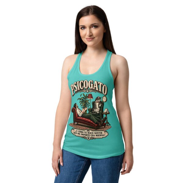 Camiseta de gatos para mujer Psicogato en color azul tahití, sobre modelo
