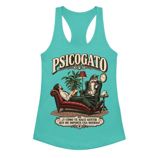 Camiseta de gatos para mujer Psicogato en color azul tahití, vista plana