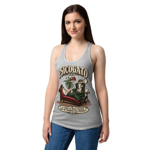 Camiseta de gatos para mujer Psicogato en color gris jaspeado, sobre modelo