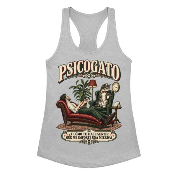 Camiseta de gatos para mujer Psicogato en color gris jaspeado, vista plana