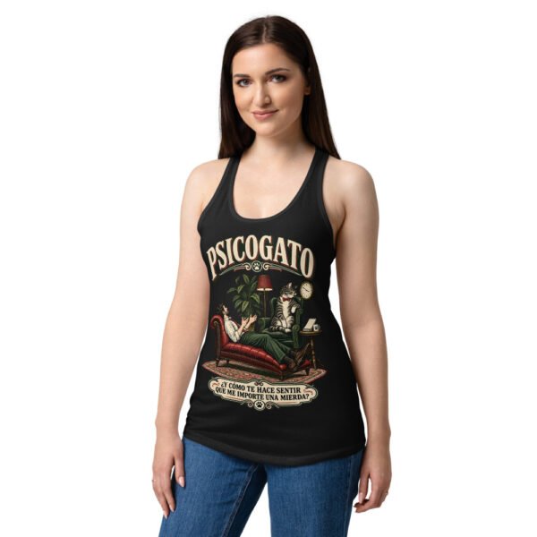 Camiseta de gatos para mujer Psicogato en color negro, sobre modelo