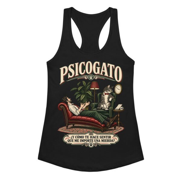 Camiseta de gatos para mujer Psicogato en color negro, vista plana
