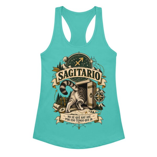 Camiseta de gatos para mujer Sagitario en color azul tahití, vista plana
