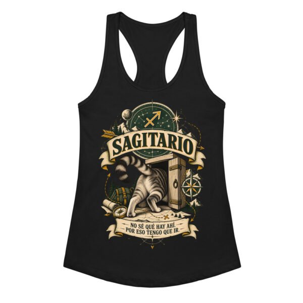 Camiseta de gatos para mujer Sagitario en color negro, vista plana