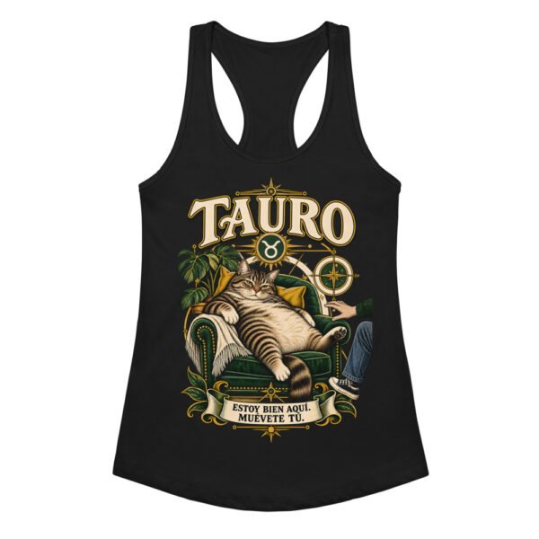 Camiseta de gatos para mujer Tauro en color negro, vista plana
