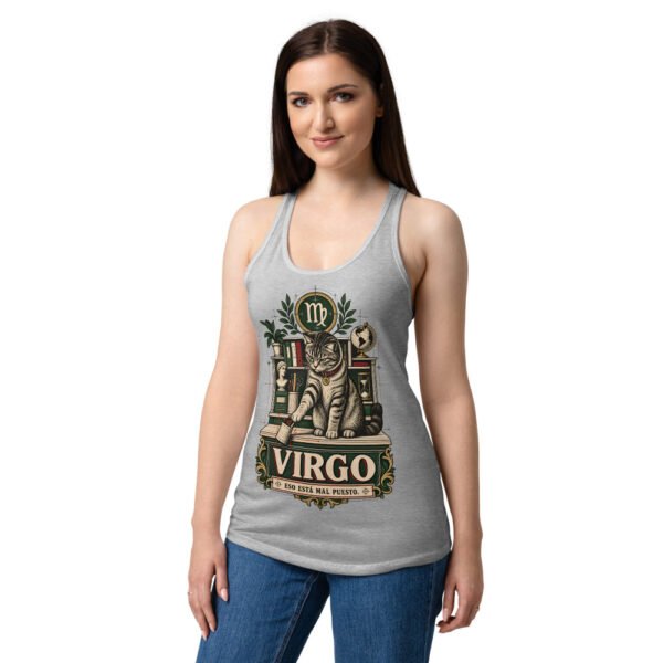 Camiseta de gatos para mujer Virgo en color gris jaspeado, sobre modelo