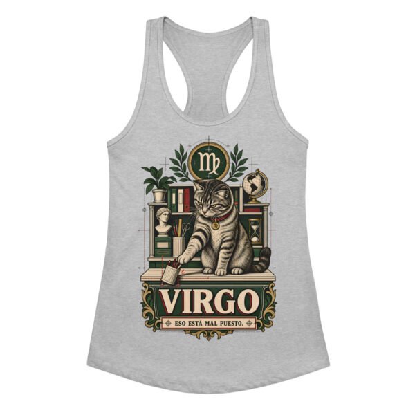 Camiseta de gatos para mujer Virgo en color gris jaspeado, vista plana