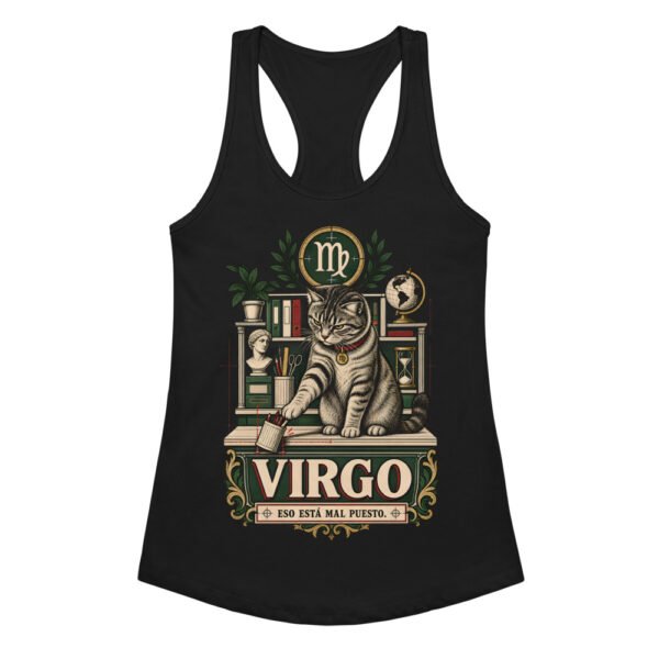 Camiseta de gatos para mujer Virgo en color negro, vista plana