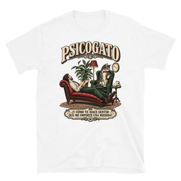Camiseta gatos Psicogato en color blanco, vista plana