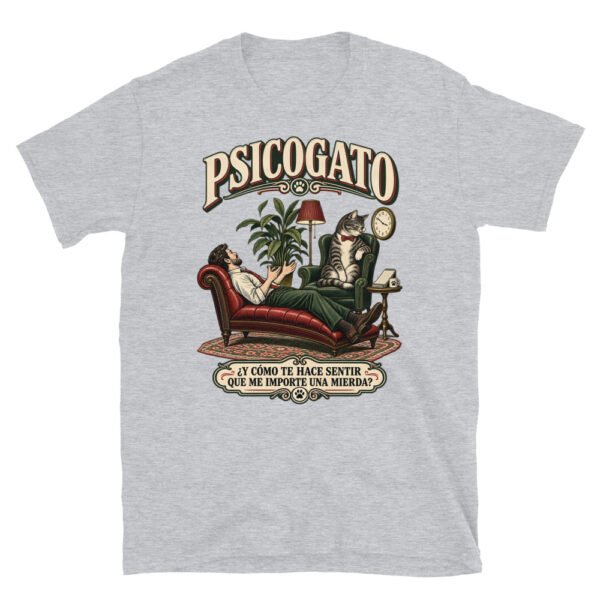 Camiseta gatos Psicogato en color gris deportivo, vista plana