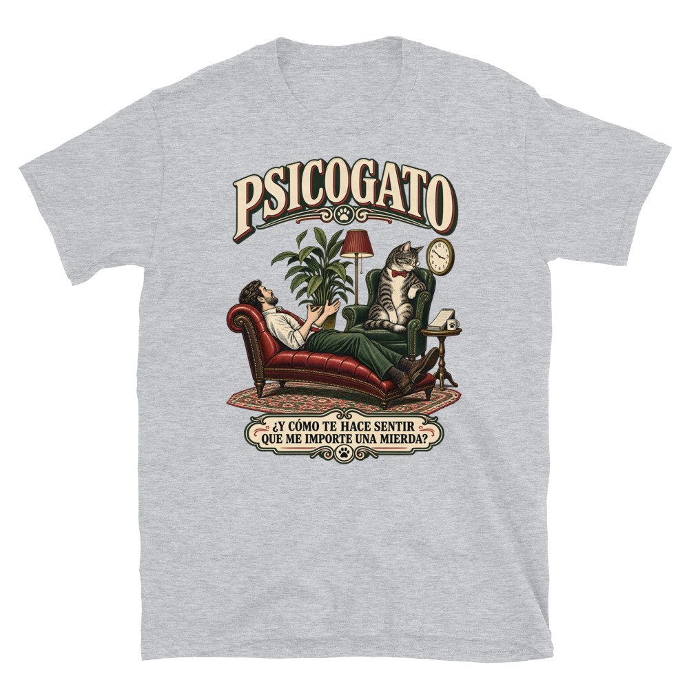 Camiseta gatos Psicogato en color gris deportivo, vista plana