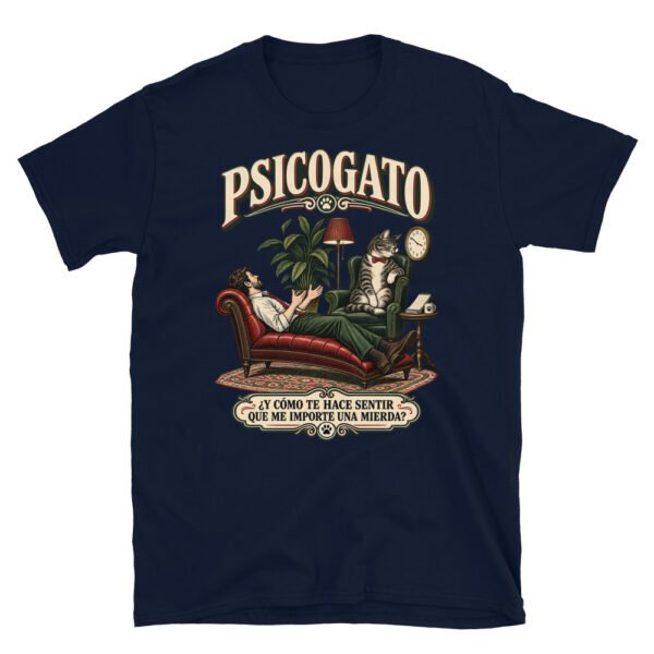 Camiseta gatos Psicogato en color marino, vista plana
