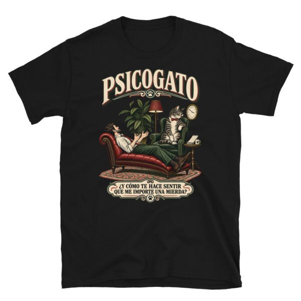 Camiseta gatos Psicogato en color negro, vista plana