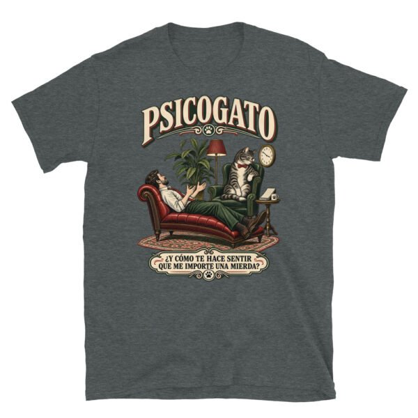 Camiseta gatos Psicogato en color oscuro jaspeado, vista plana