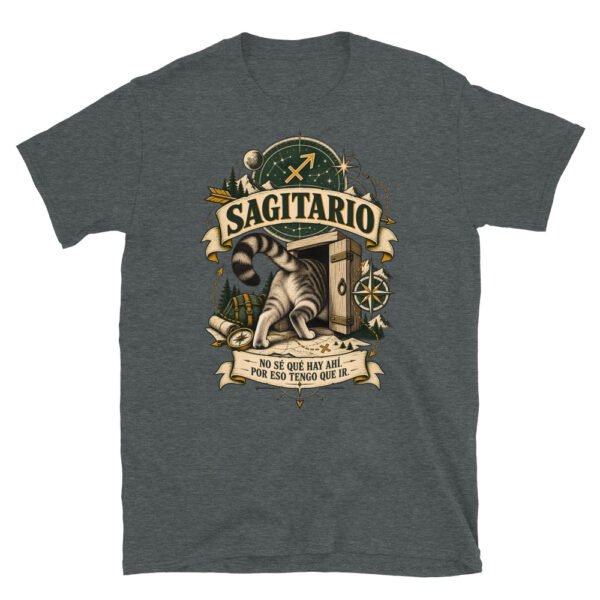 Camiseta gatos Sagitario en color oscuro jaspeado, vista plana