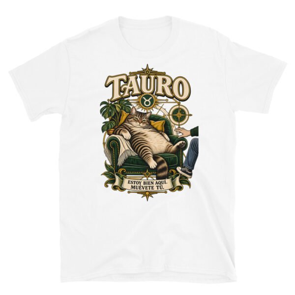 Camiseta gatos Tauro en color blanco, vista plana