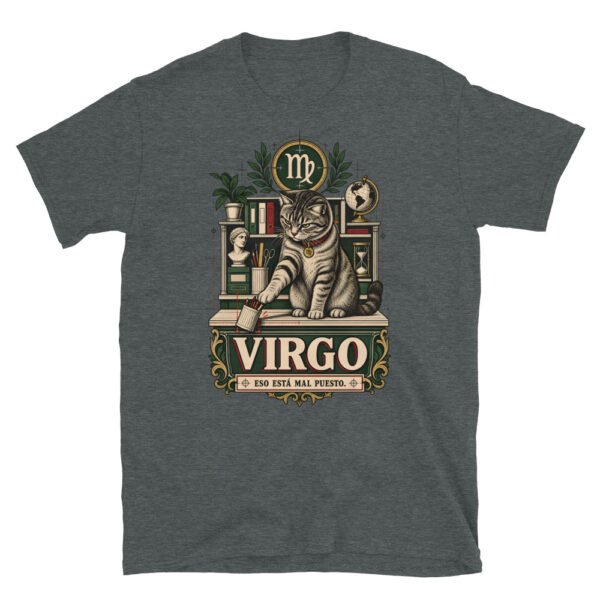 Camiseta gatos Virgo en color oscuro jaspeado, vista plana