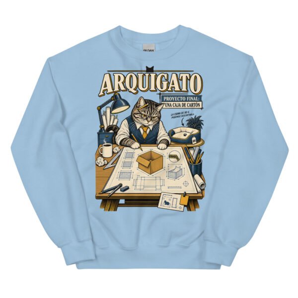 Sudadera gatos Arquigato en color azul claro, vista plana